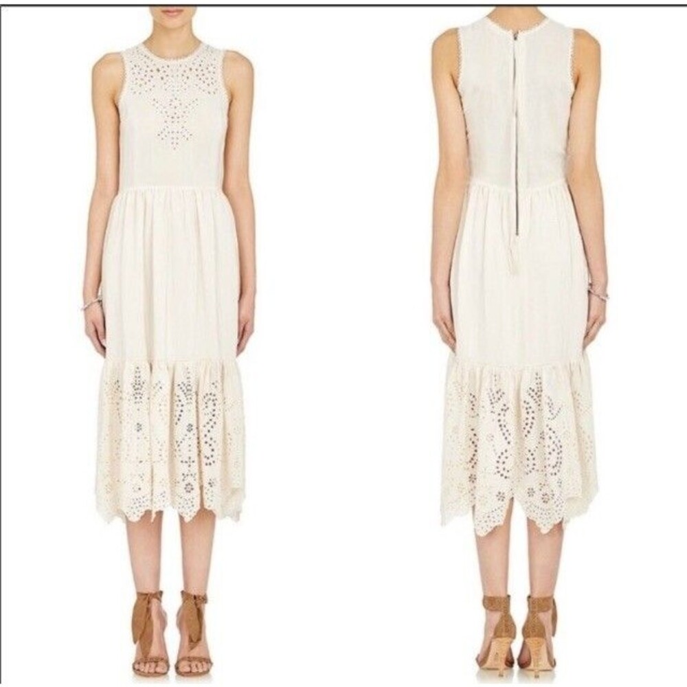 Ulla Johnson Oona Silk Dress Sz 2 Beige Eyelet Lace Midi Romantic Feminine Fairy